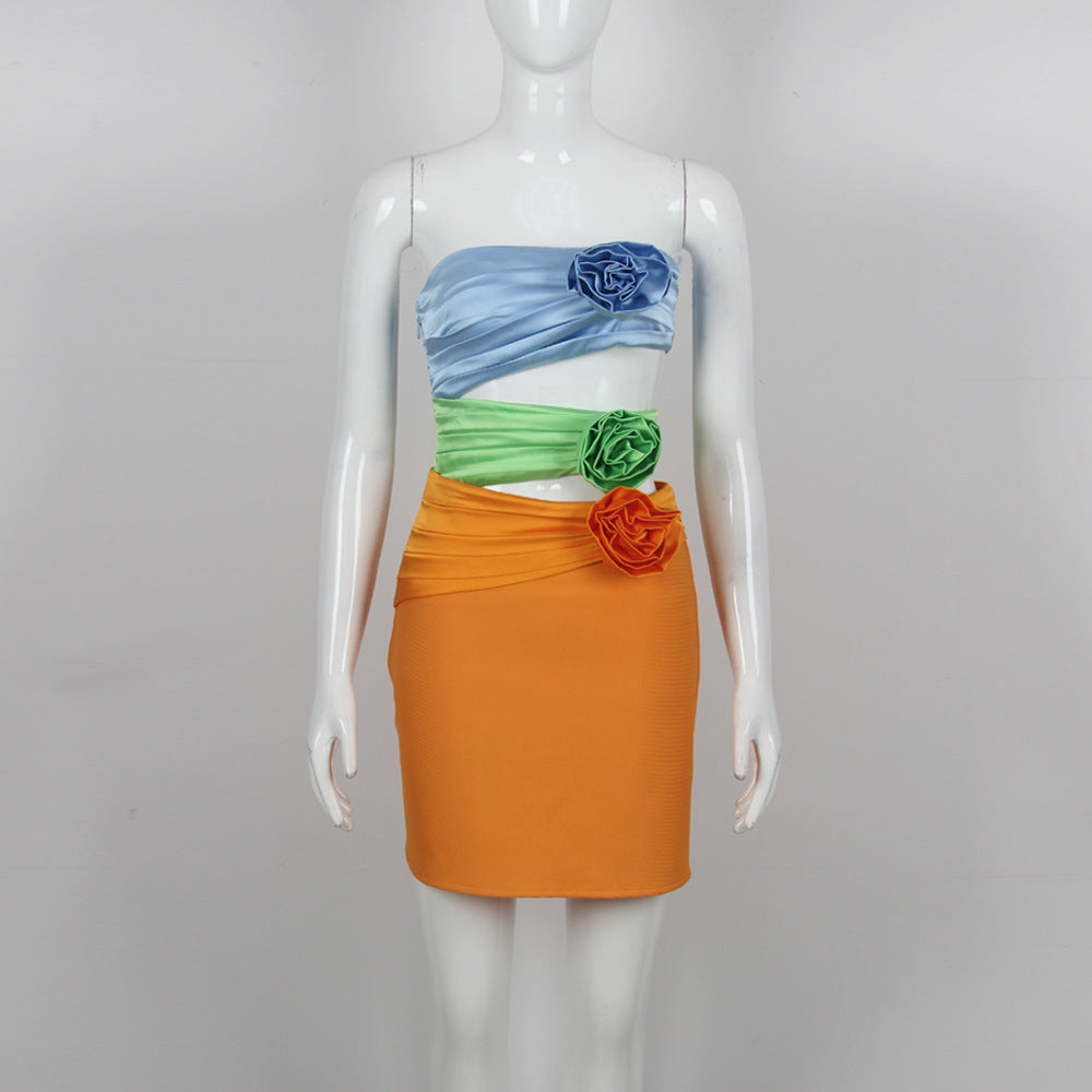 Strapless Color Block Rosette Trim Cutout Mini Dress