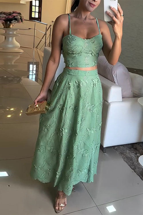 Meridress Embroidery Crop Cami Top and Elastic Waist Swing Maxi Skirt Set