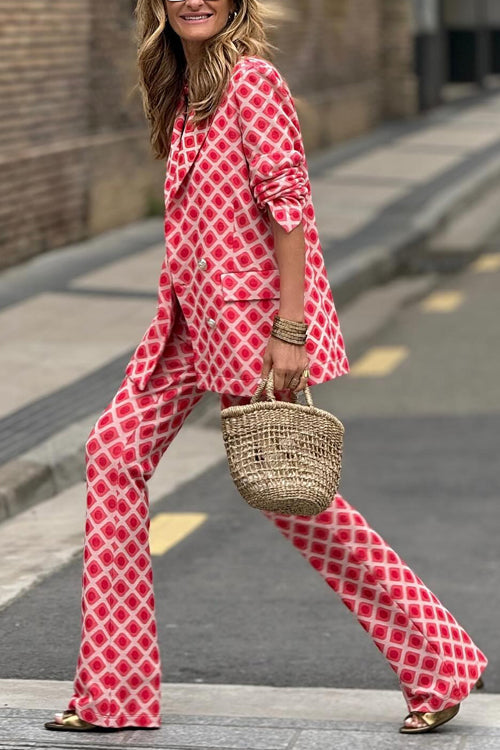 Meridress Geometric Print Lapel Double Breasted Blazer and Flare Pants Set