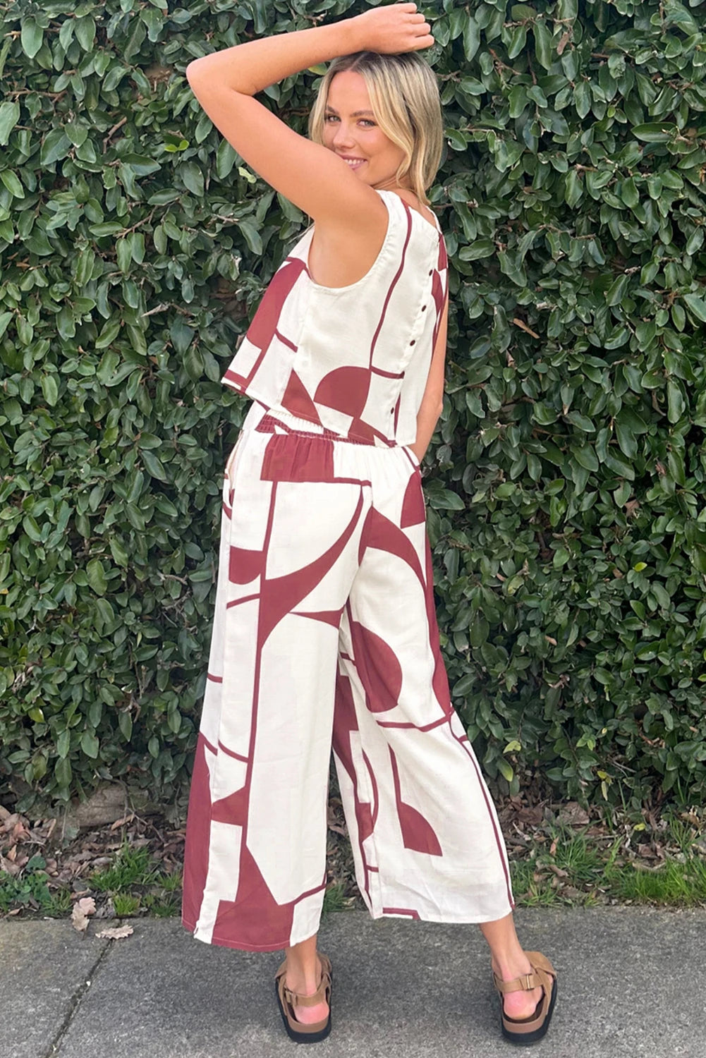 White Abstract Print Button Back Vest and Wide Leg Pants Set