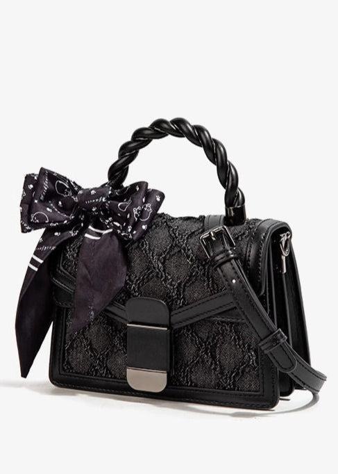 Aurelia Noir - Textured Faux Leather Mini Handbag with Printed Bow