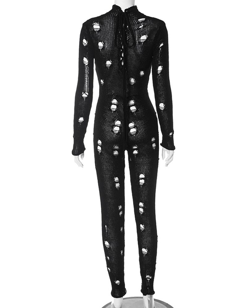 Long-Sleeved Knitted Holes In Slimming Jumpsuits