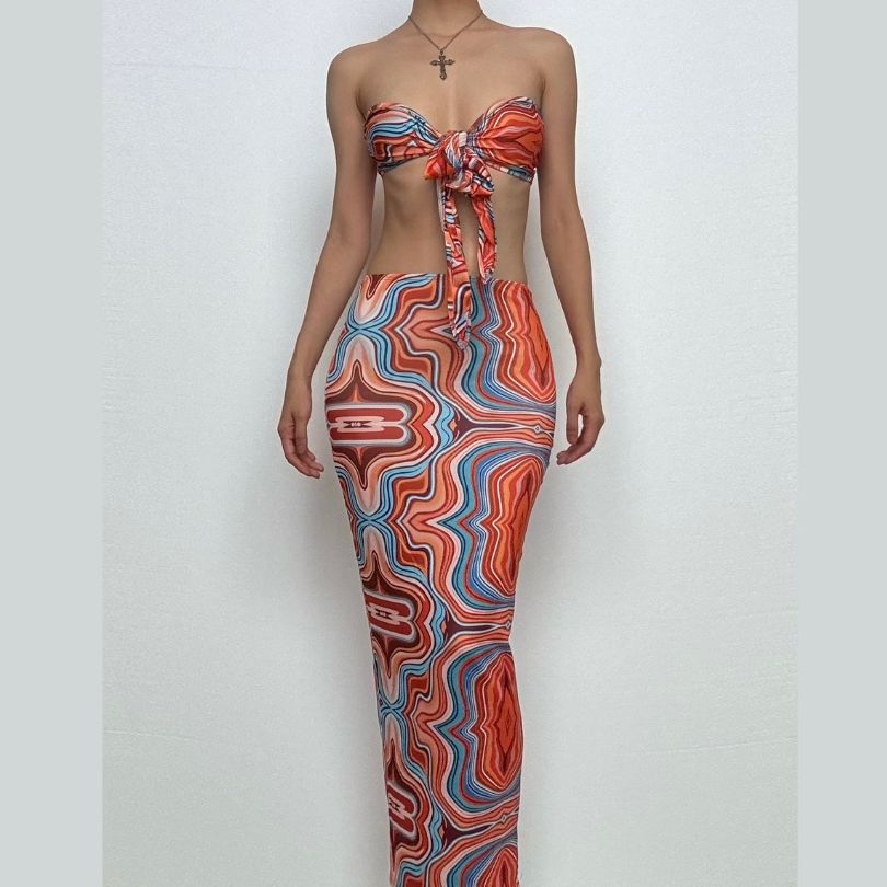Printed cross halter backless skirt set