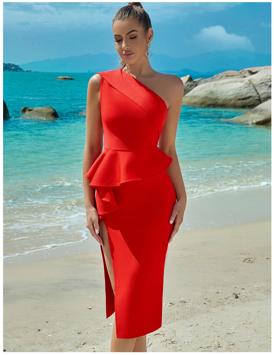 One-Shoulder Peplum Ruffle High Slit Bodycon Midi Dress