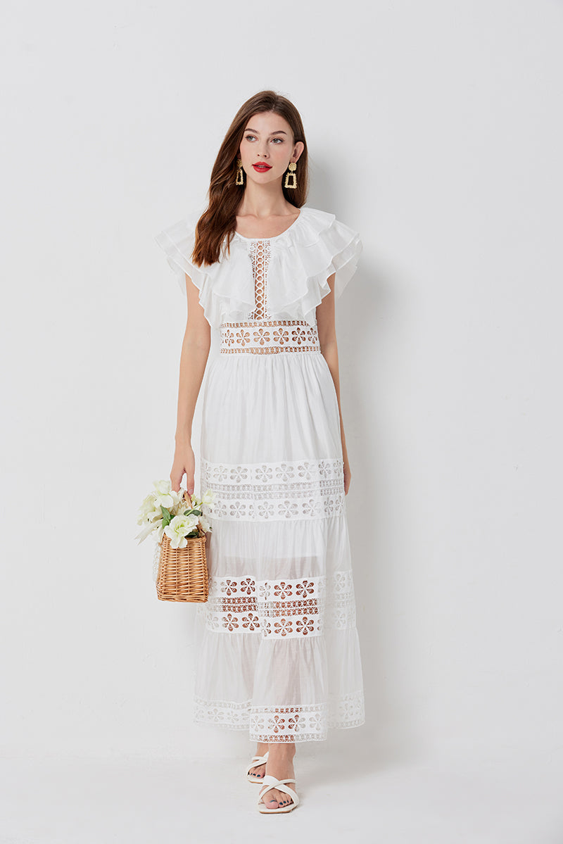 Eyelet Lace Tiered Flutter Sleeve Deep V-Neck Maxi Dress