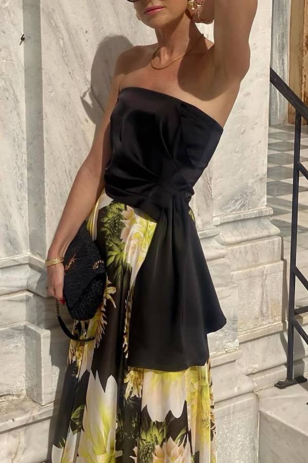 Sexy Bandeau Fit Top and Floral Print Maxi Skirt Set