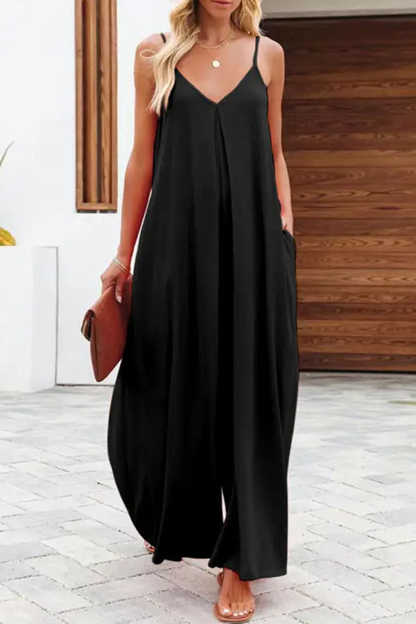 Solid Color Side Pocket Casual Wide-leg Suspender Jumpsuit