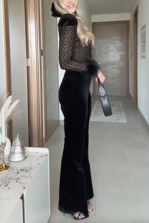 Feather Cuffs Bell Bottom Velvet Splice Jumpsuit