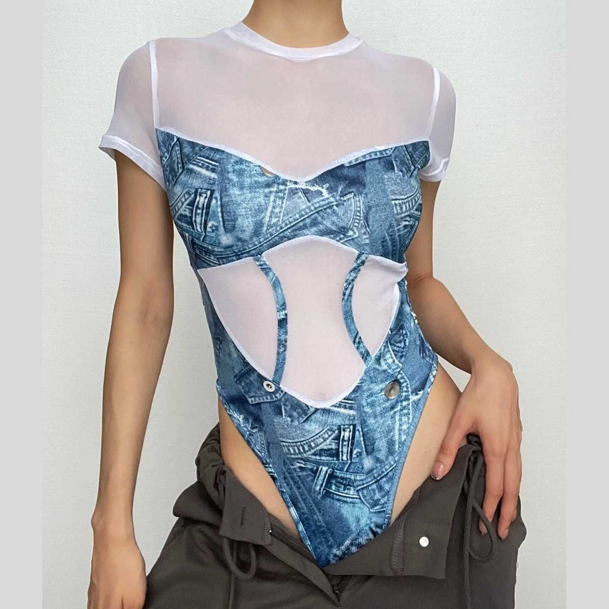 Short sleeve denim print contrast crewneck bodysuit-final-sale