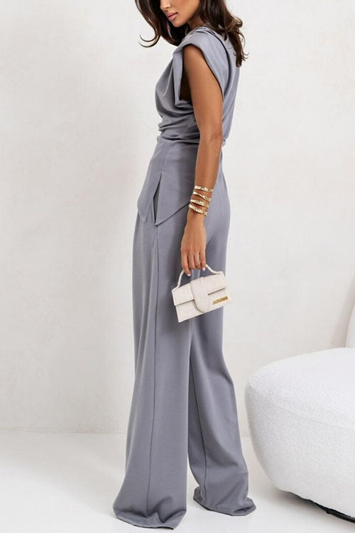 Meridress Ruched Asymmetrical Top and Wide Leg Pants Set