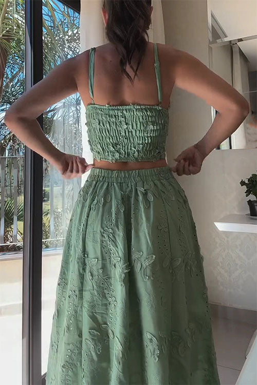 Embroidery Crop Cami Top and Elastic Waist Swing Maxi Skirt Set
