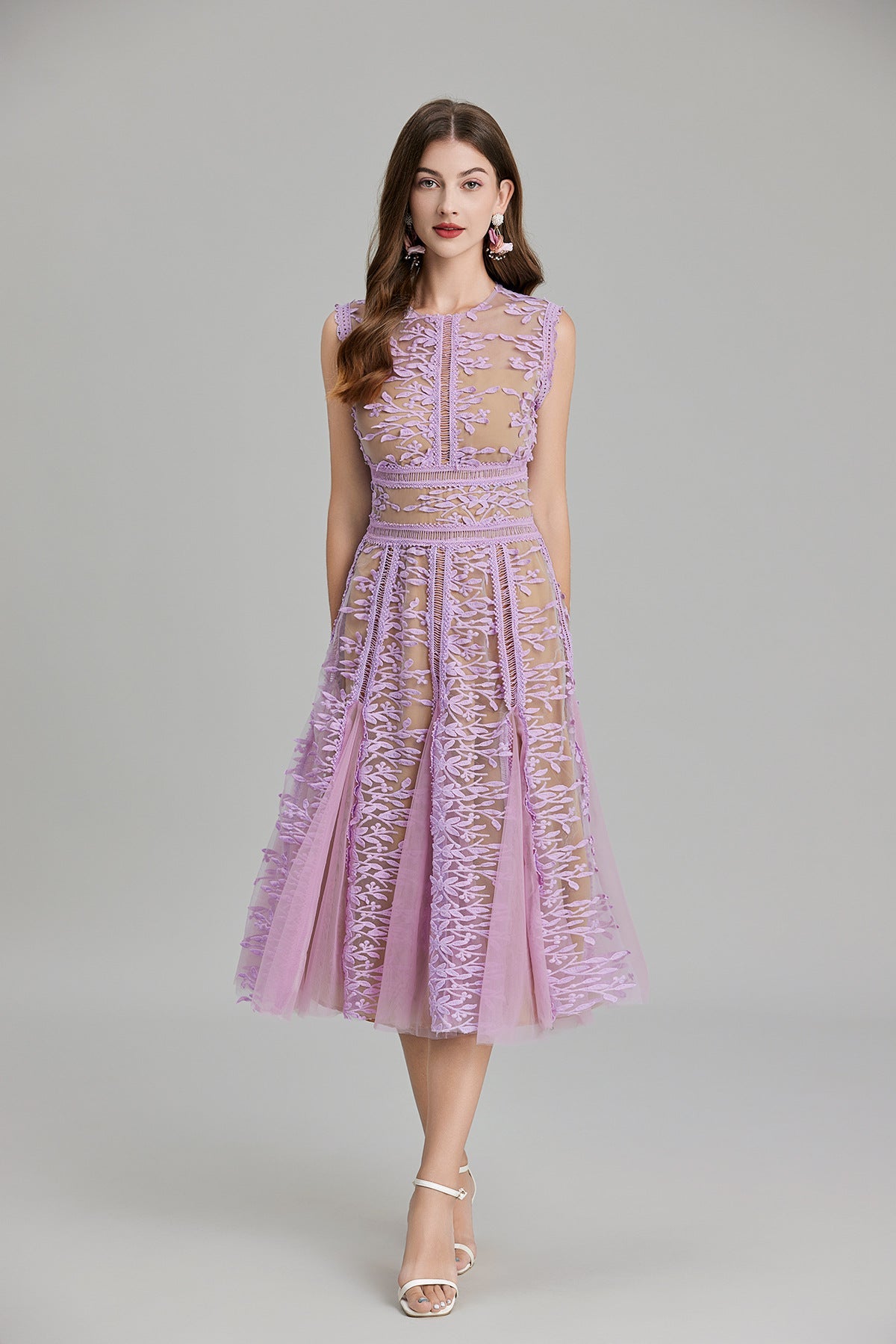 Maëlle Round Neck Mesh Embroidered Midi Dress In Beige