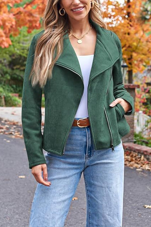 Zip Up Pocketed Faux Suede Moto Jacket(in 7 Colors)