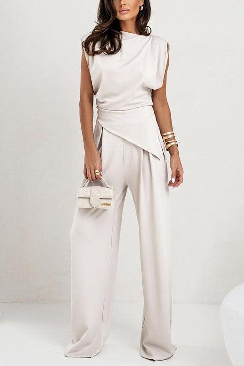 Ruched Asymmetrical Top and Wide Leg Pants Set