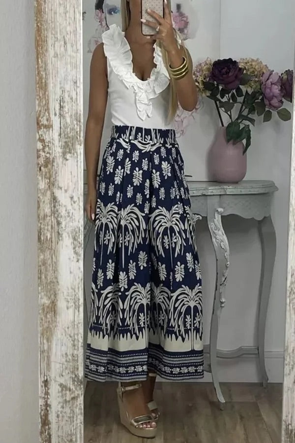 Unique Print Elastic Waist Loose Pocket Holiday Wide Leg Pants