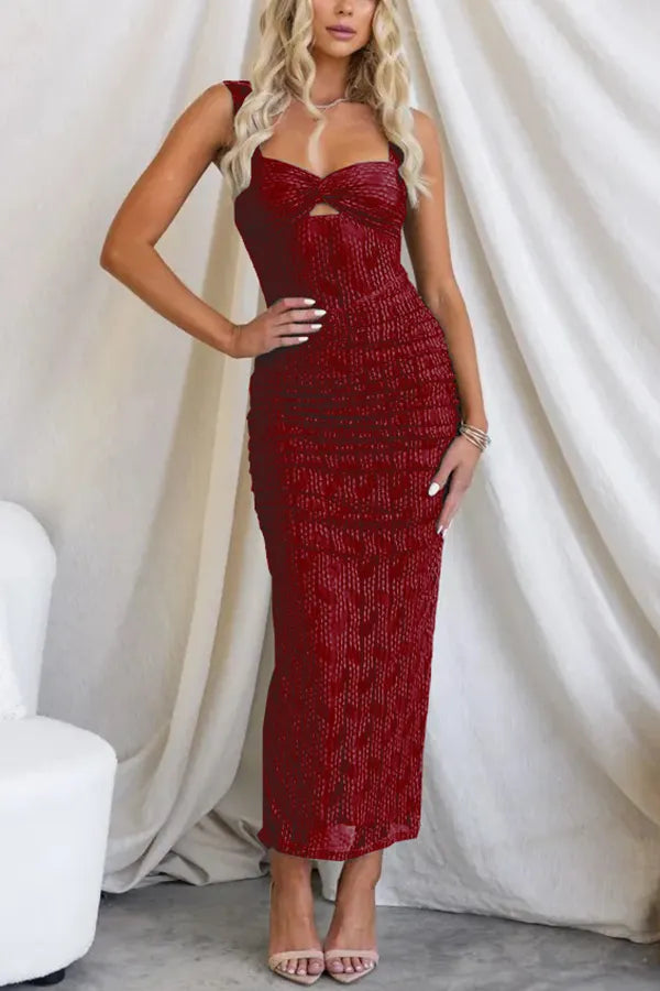 Ruched Twist Front Bust Cut Out Mesh Waist Bodycon Maxi Dress