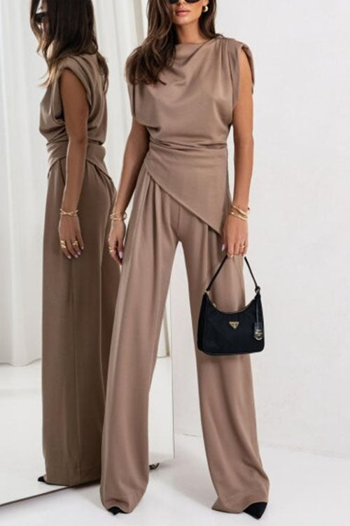 Ruched Asymmetrical Top and Wide Leg Pants Set