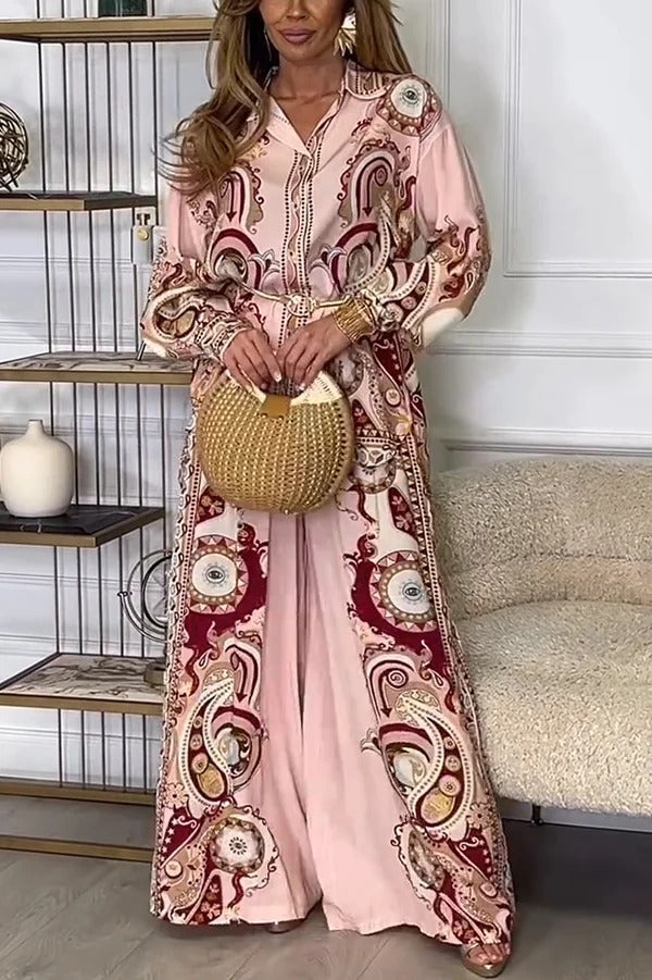 Unique Print Lapel Long Sleeve Tie Waist Shirt and Elastic Waist Pocket Wide Leg Pants Set