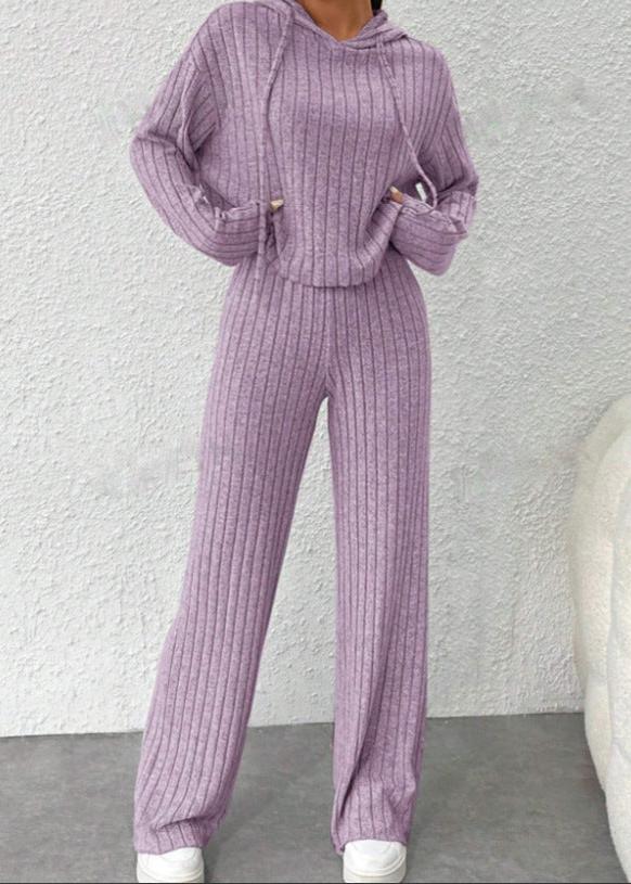 Striped Knit Long Hoodie and Pants Set