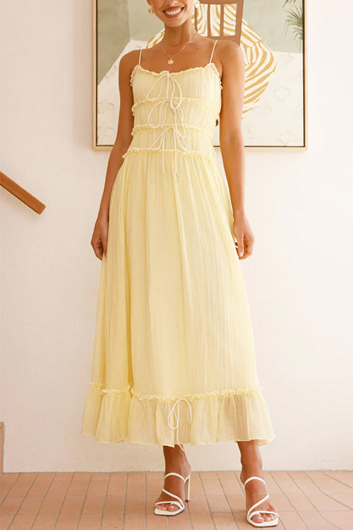Meridress Spaghetti Strap Frill Trim Tie Bow Maxi Dress