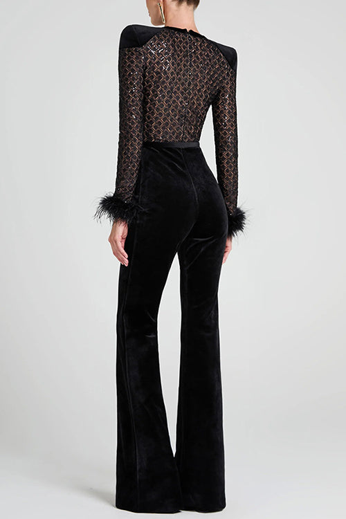 Feather Cuffs Bell Bottom Velvet Splice Jumpsuit