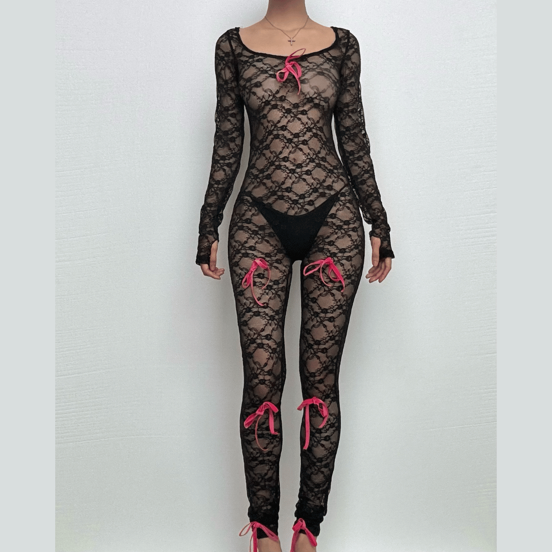 Long sleeve bowknot u neck lace see through jumpsuit-final-sale