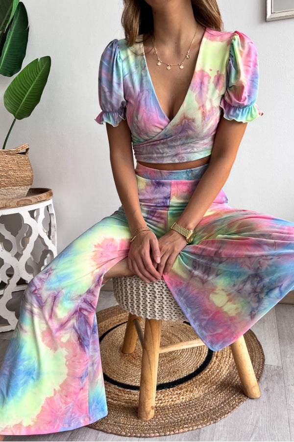 Floral Print V Neck Short Sleeves Crop Top Elastic Waist Wide Leg Pants Set