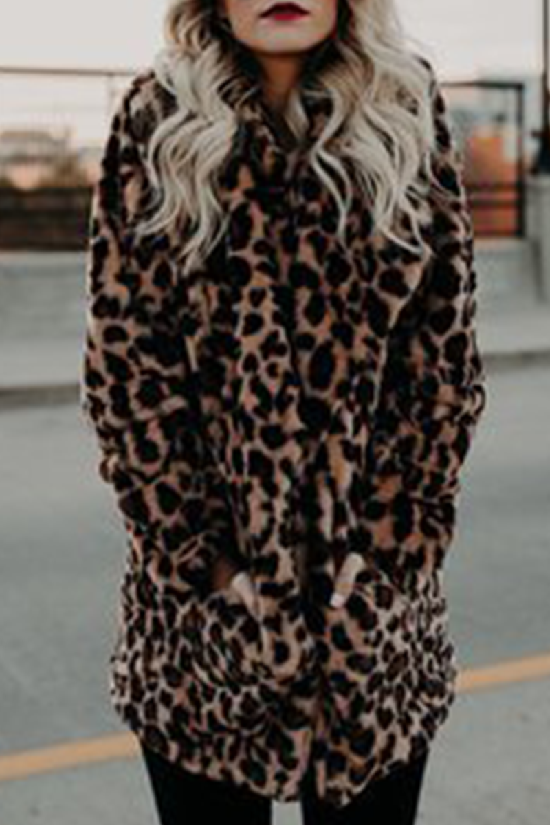 Fashion Elegant Leopard Pocket Basic Turndown Collar Outerwear