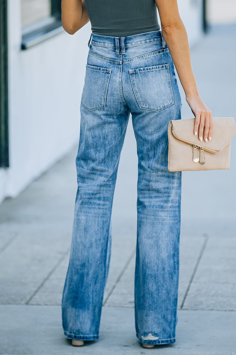 Casual Solid Tassel Ripped Straight Wide Leg Solid Color Bottoms