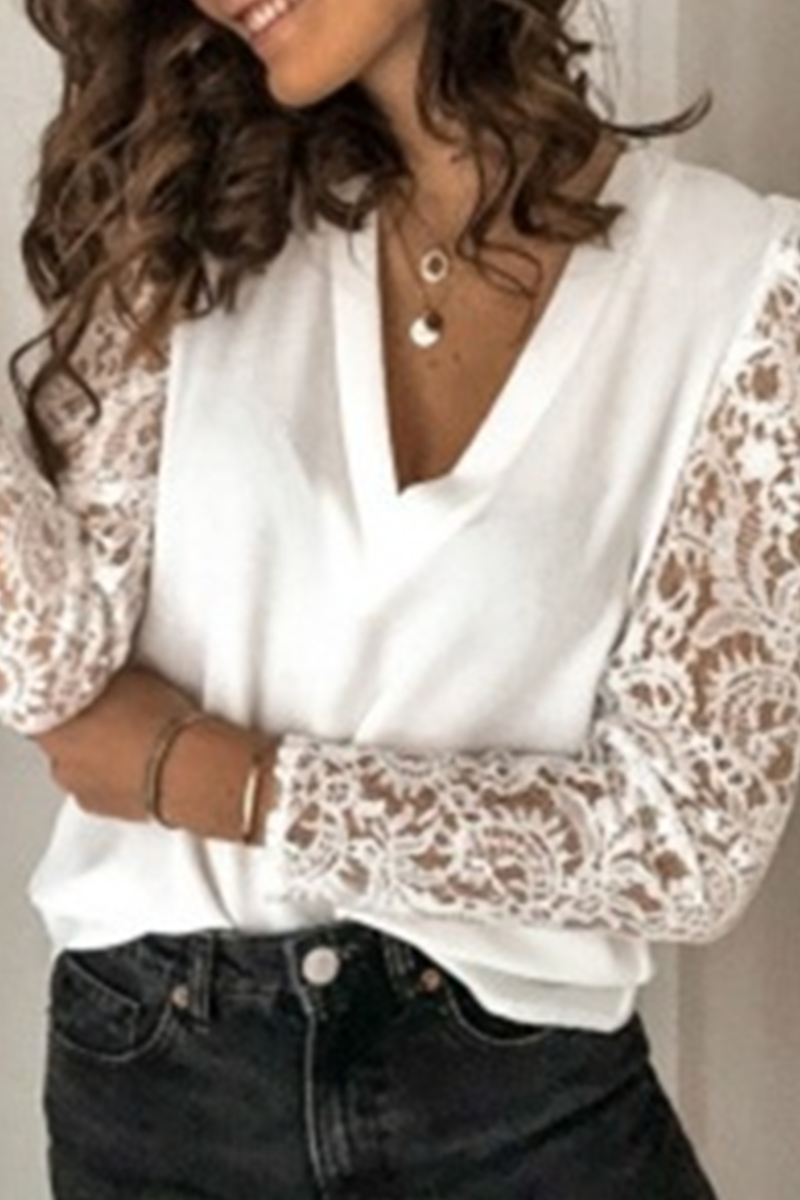 Elegant Solid Lace Hollowed Out V Neck Tops(9 Colors)