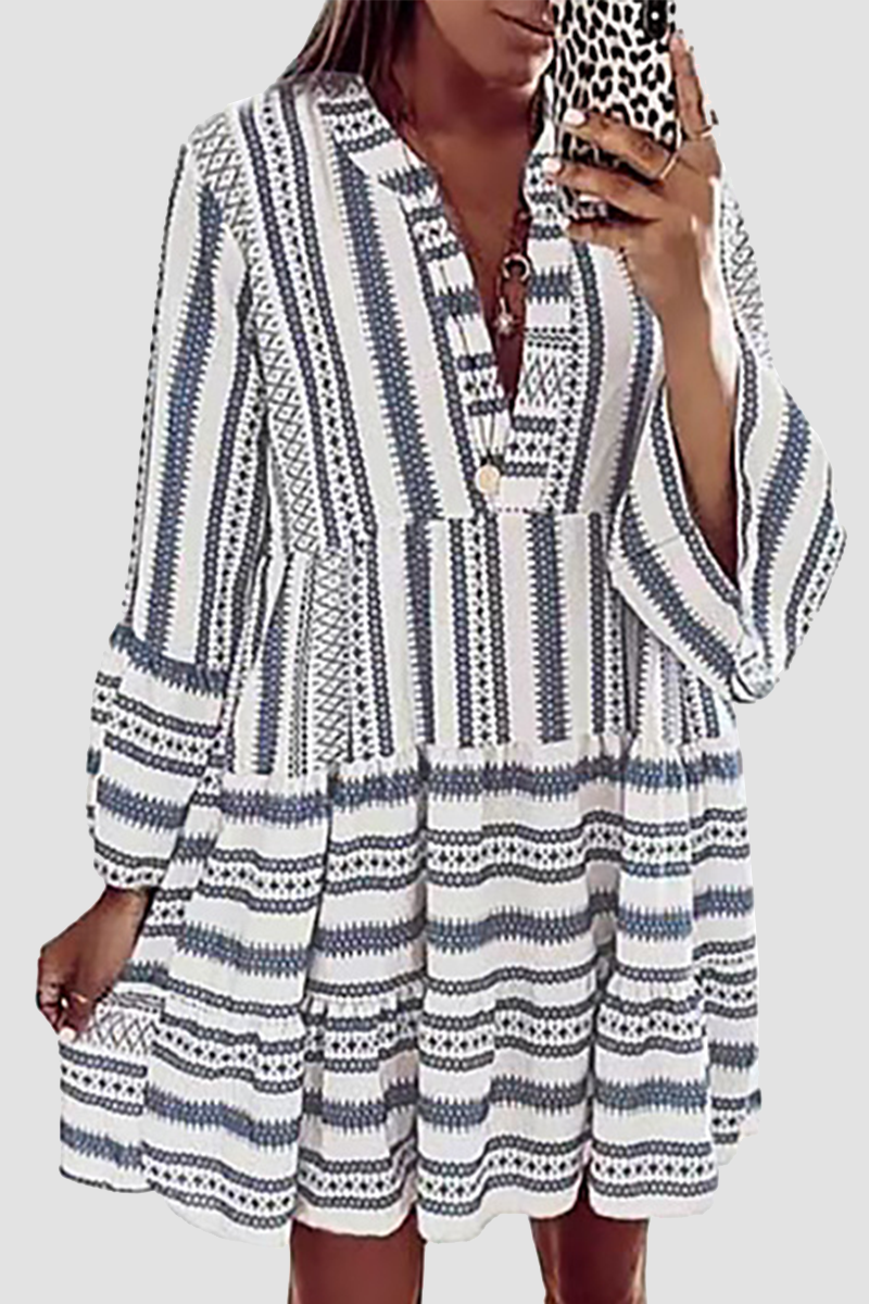 Casual Print Patchwork Flounce V Neck Cake Skirt Dresses