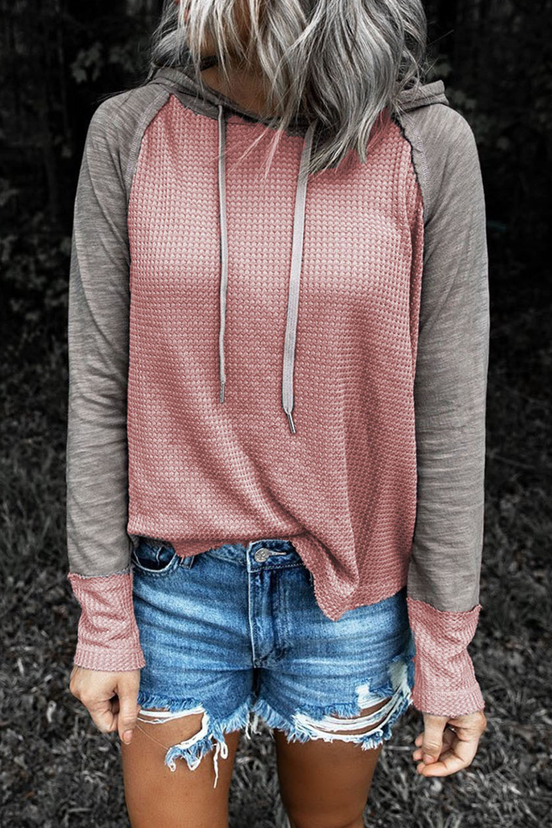Casual Patchwork Draw String Contrast Hooded Collar Tops(5 Colors)
