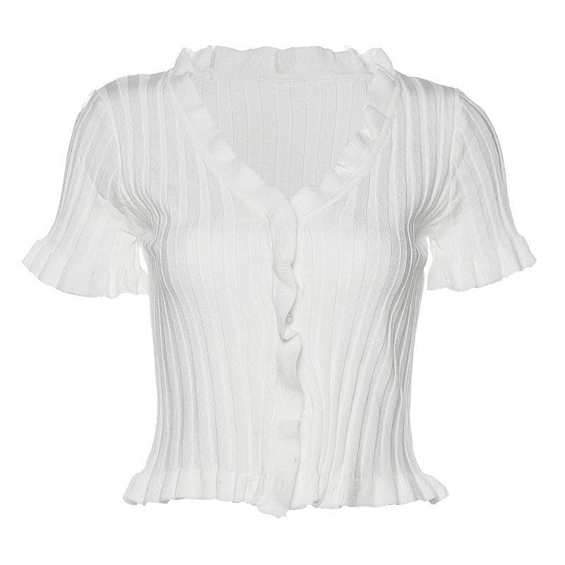 Short sleeve ribbed ruffled buttoned crop top