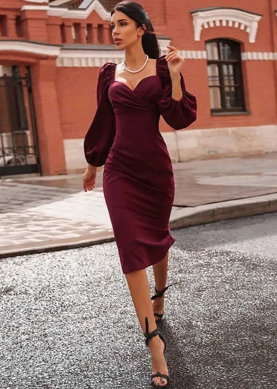Puff Sleeve Elegant Midi Dress - Waist-Cinching Silhouette