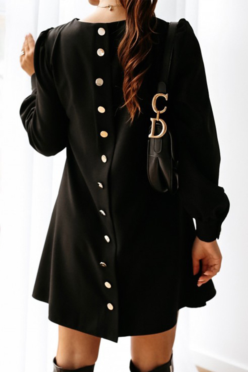 Casual Solid Patchwork Buckle O Neck Dresses