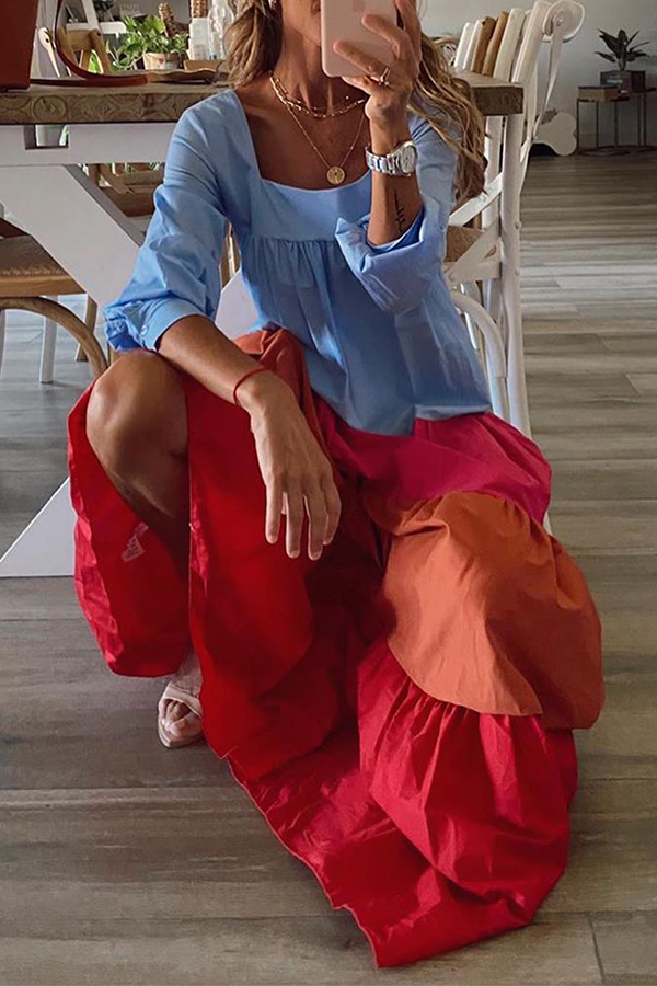 Casual Patchwork Flounce Contrast Square Collar Cake Skirt Dresses