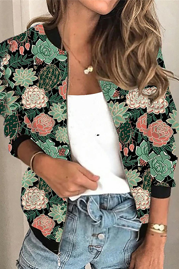 Casual Print Patchwork Zipper Mandarin Collar Outerwear(8 Colors)