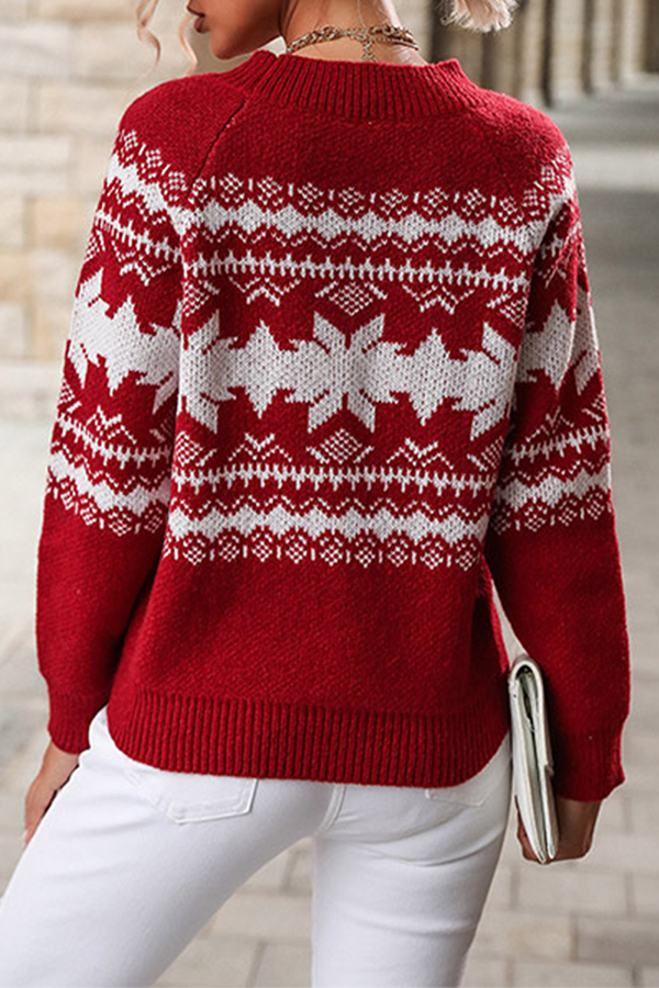 Casual Snowflakes Contrast O Neck Tops Sweater