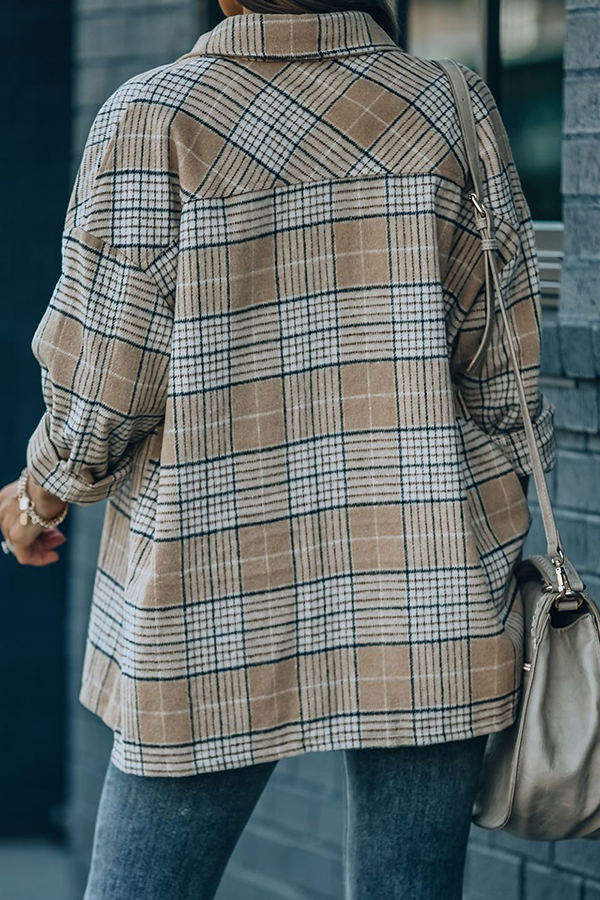 Casual Plaid Pocket Buckle Mandarin Collar Outerwear