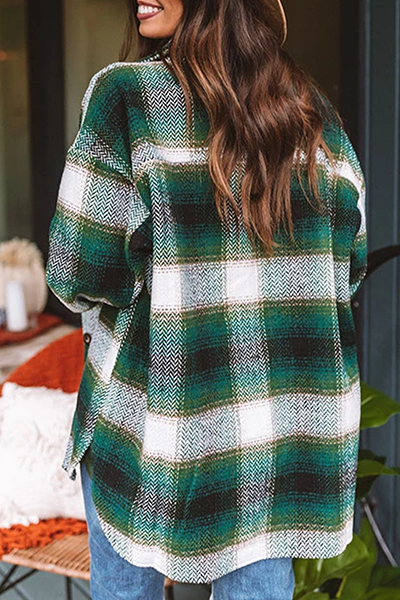 Casual Plaid Pocket Buckle Turndown Collar Outerwear(3 Colors)