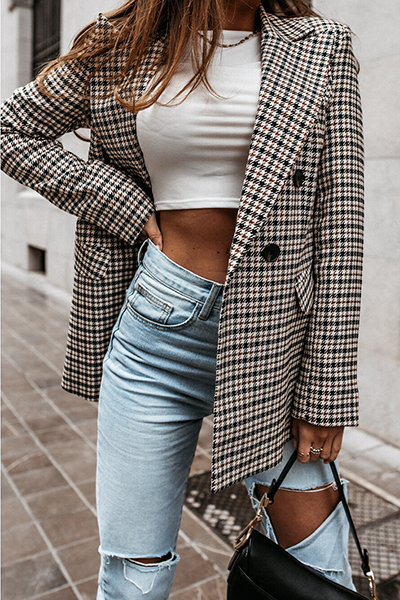 Fashion Elegant Geometric Split Joint Buckle Turn-back Collar Outerwear