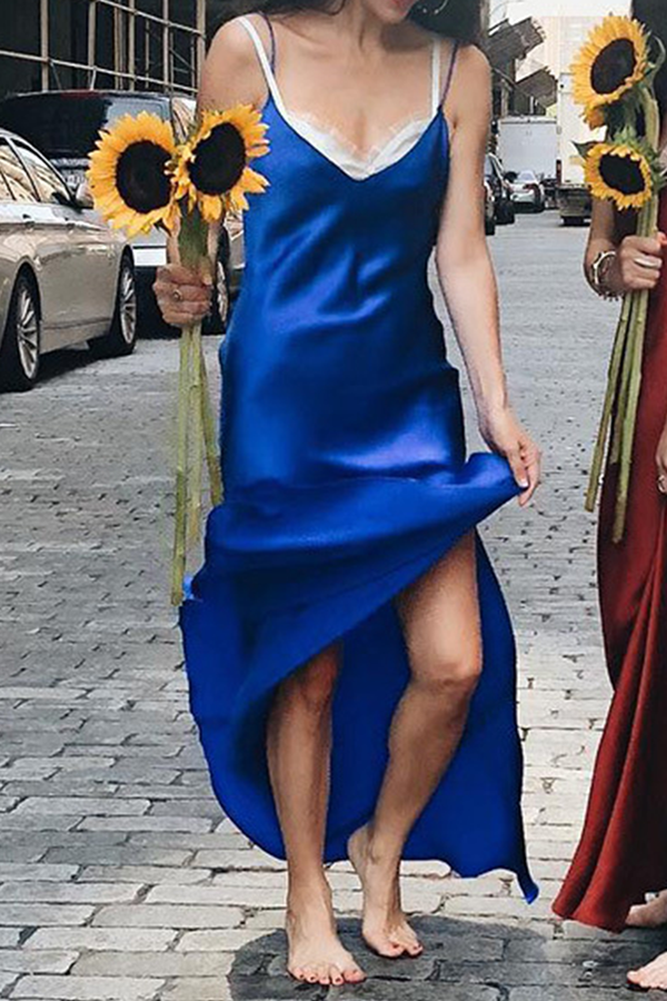 Fashion Casual Solid Patchwork Slit V Neck A Line Dresses (Without Belt)