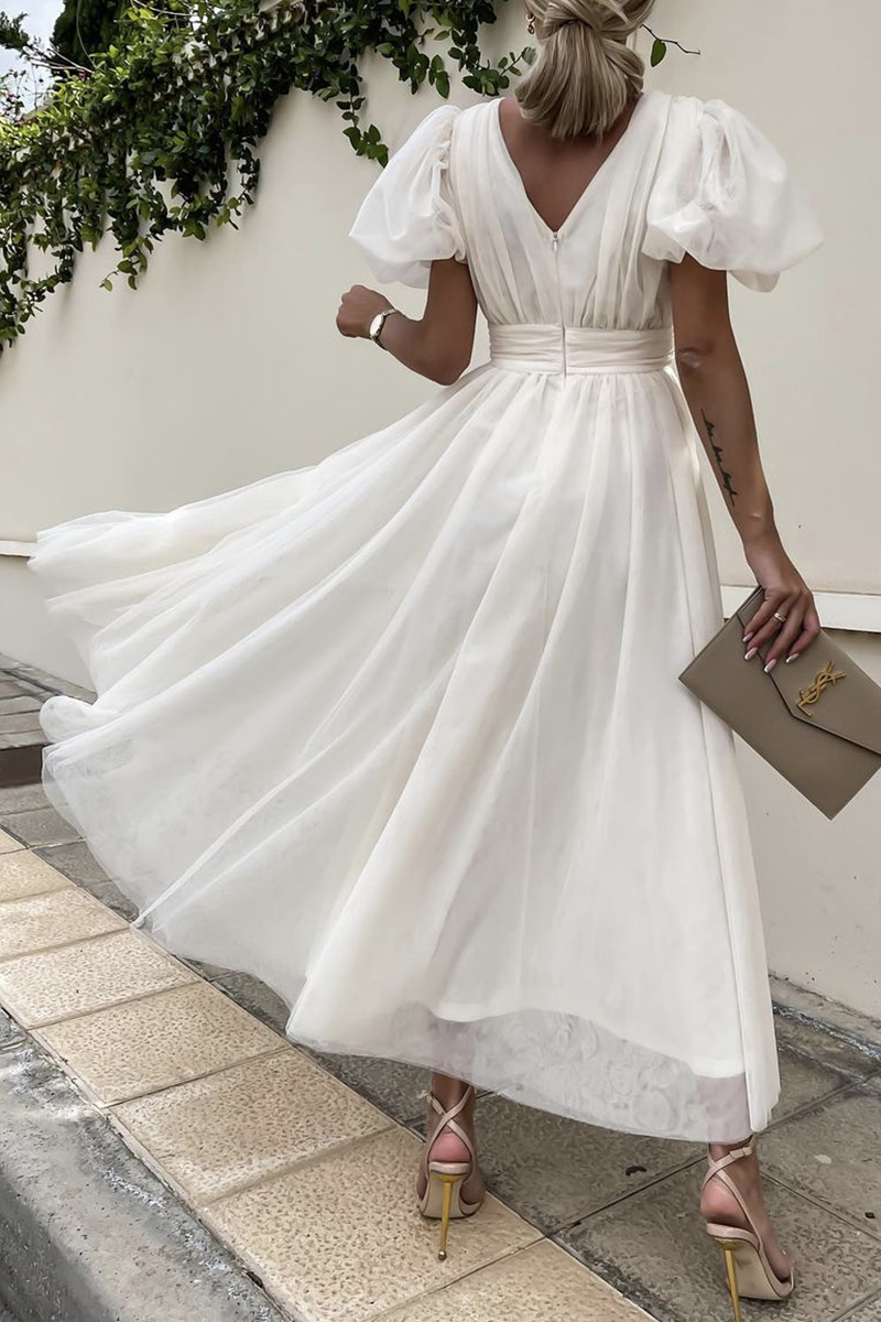 Fashion Solid Split Joint V Neck Mesh Dress Dresses