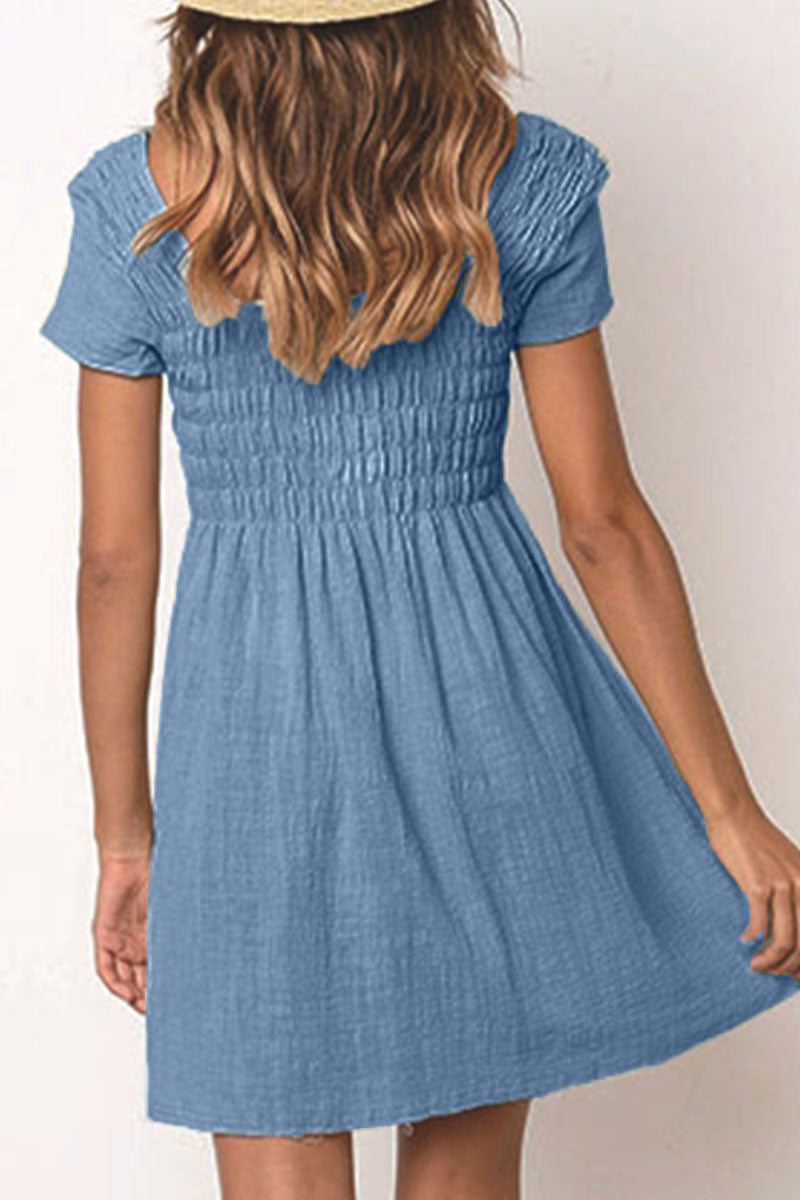 Fashion Casual Solid Patchwork Square Collar Pleated Dresses(3 Colors)