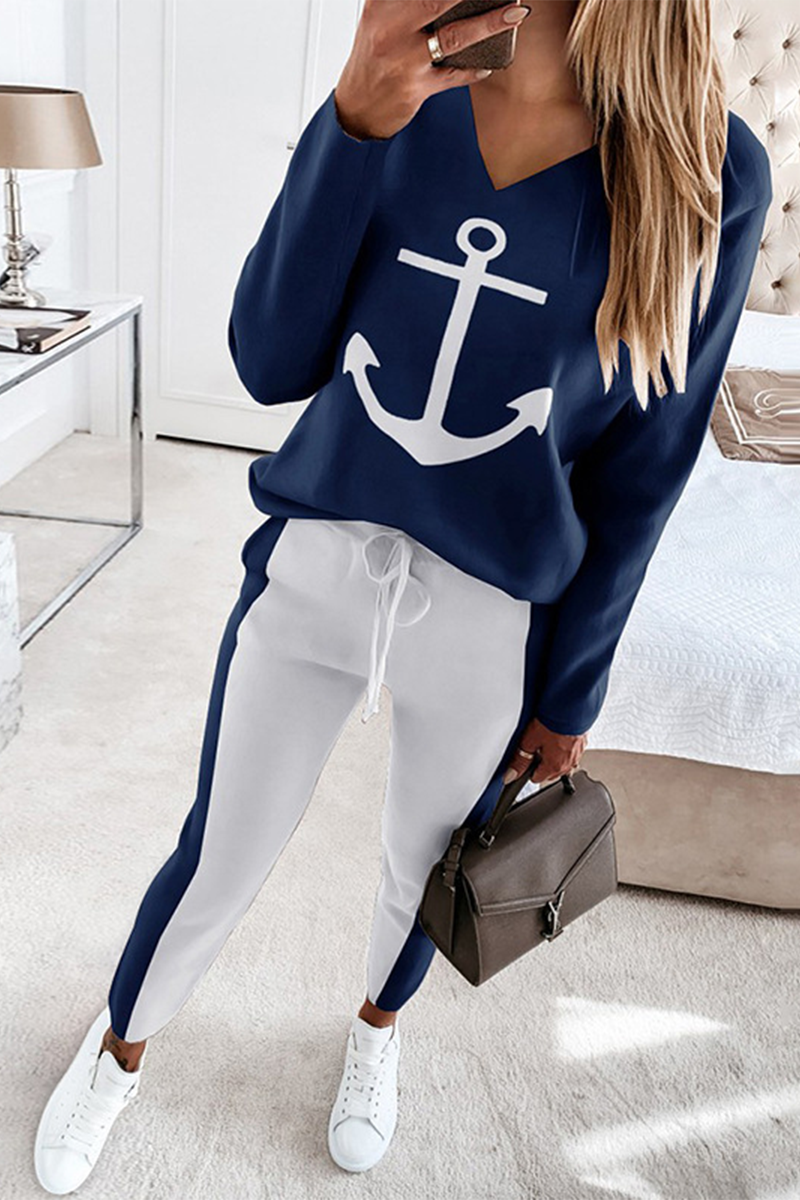 Fashion Print Patchwork V Neck Long Sleeve Two Pieces