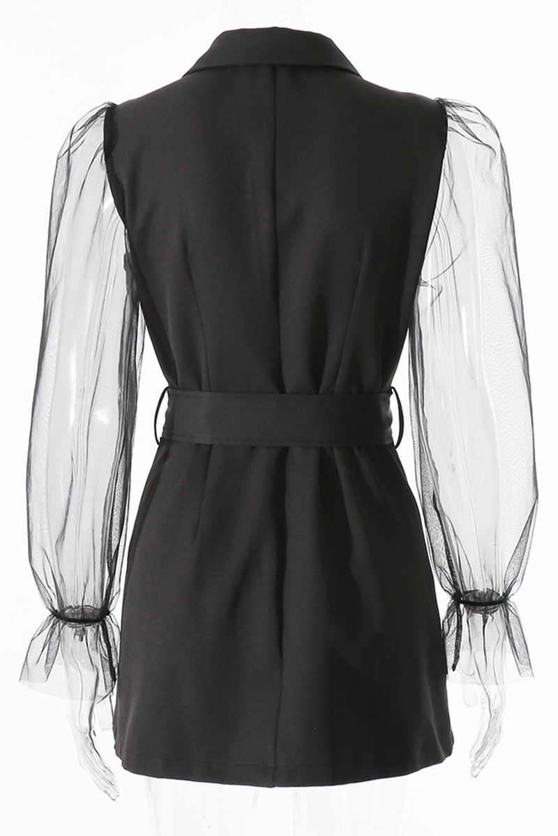 Fashion Elegant Solid See-through Turndown Collar A Line Dresses(4 colors)