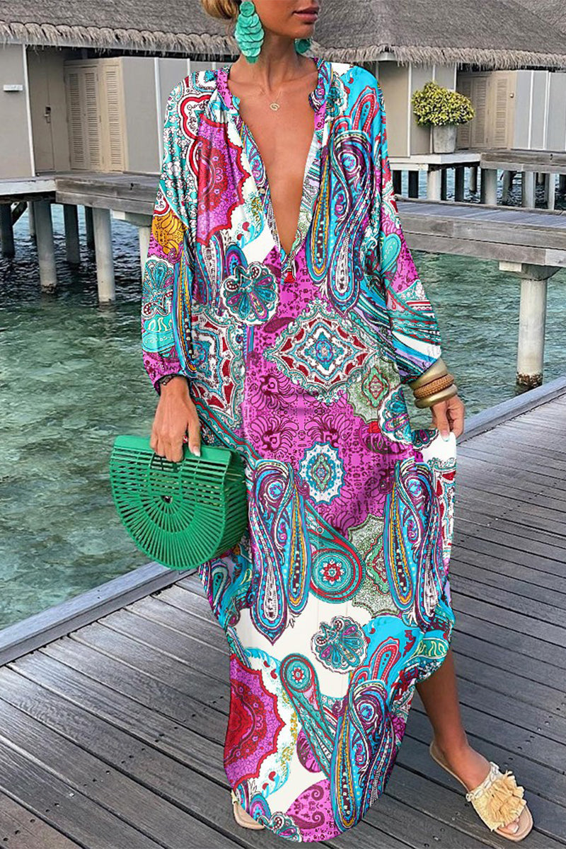 Fashion Sexy Print Patchwork V Neck Straight Dresses(10 Colors)