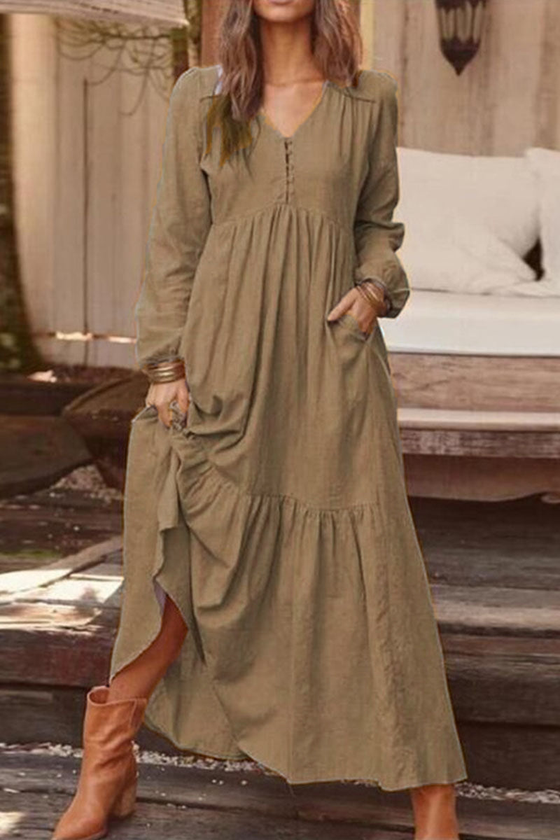 Fashion Casual Solid Patchwork V Neck A Line Dresses