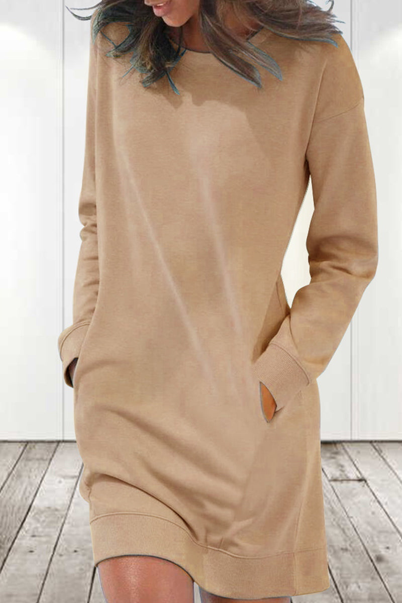 Casual Solid Color O Neck Long Sleeve Dresses(6 Colors)
