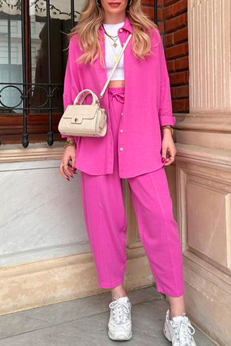 Casual Solid Frenulum Turndown Collar Long Sleeve Two Pieces(3 Colors)